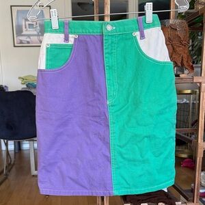 Vintage Colorblock Green and Purple Denim Women's Skirt